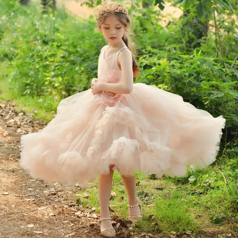 

Baby Girl Ball Gown Children's Birthday Princess Dress Flower Girl Sleeveless Dresses Tulle Applique Party Vestidos Costume Y418