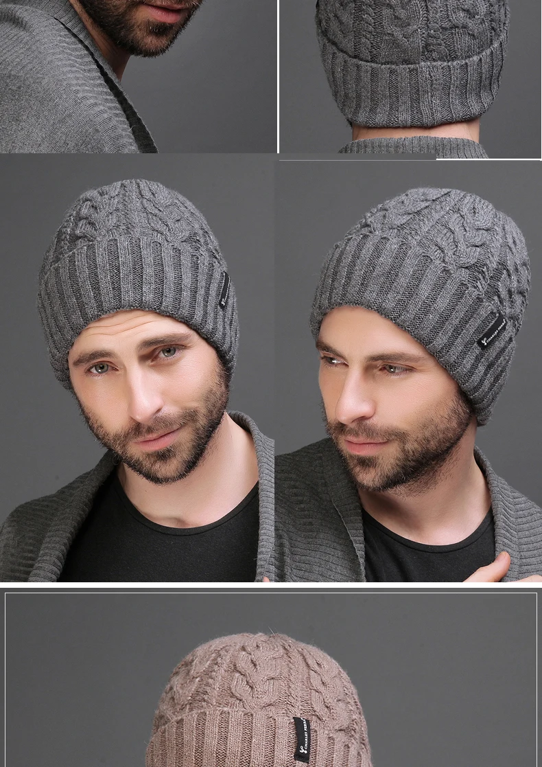 Шерсть кашемир Мужская зимняя шапка вязанная Skullies Beanies шапки Мужские двухслойные утолщенные шерстяные шапки D4315