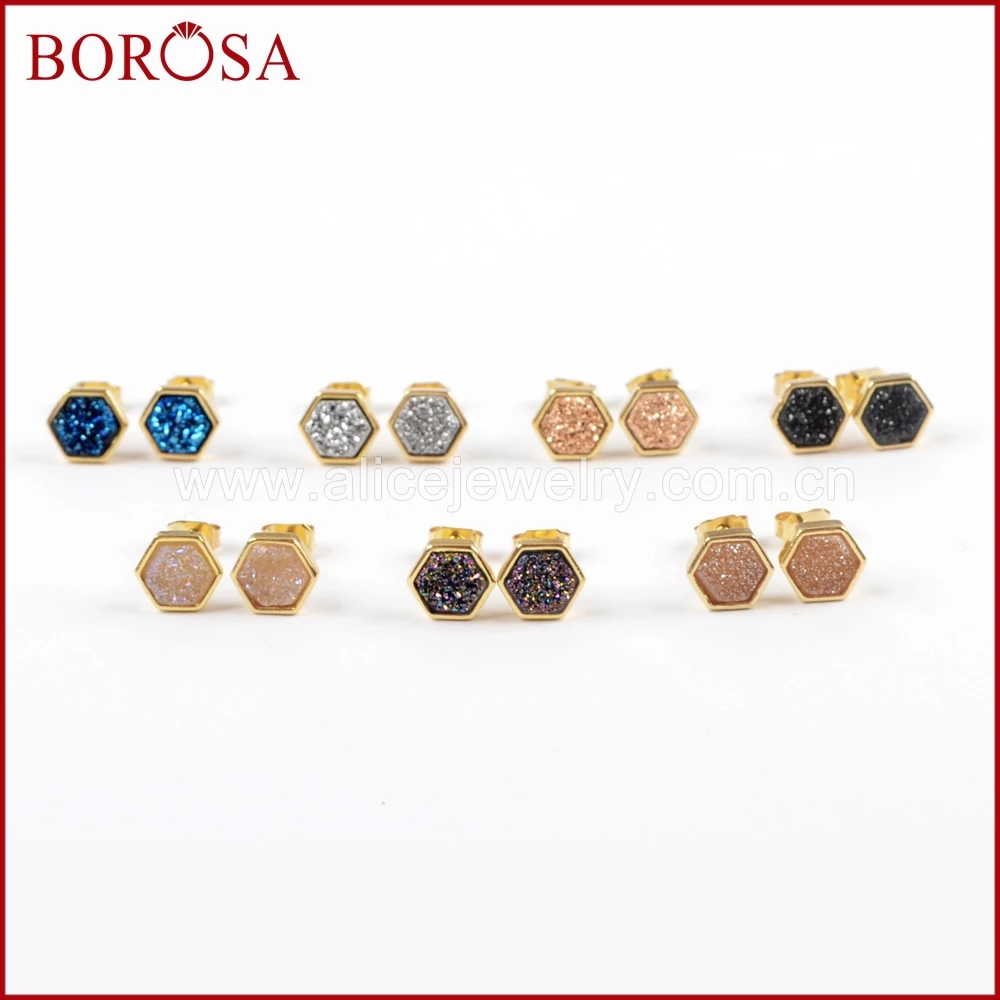 BOROSA 5/10 пар Золотой цвет ободок шестиугольник Радуга Титан Druzy серьги гвоздики модные Drusy серьги для женщин ювелирные изделия ZG0275