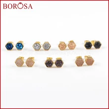 BOROSA 5/10 пар Золотой цвет ободок шестиугольник Радуга Титан Druzy серьги гвоздики модные Drusy серьги для женщин ювелирные изделия ZG0275