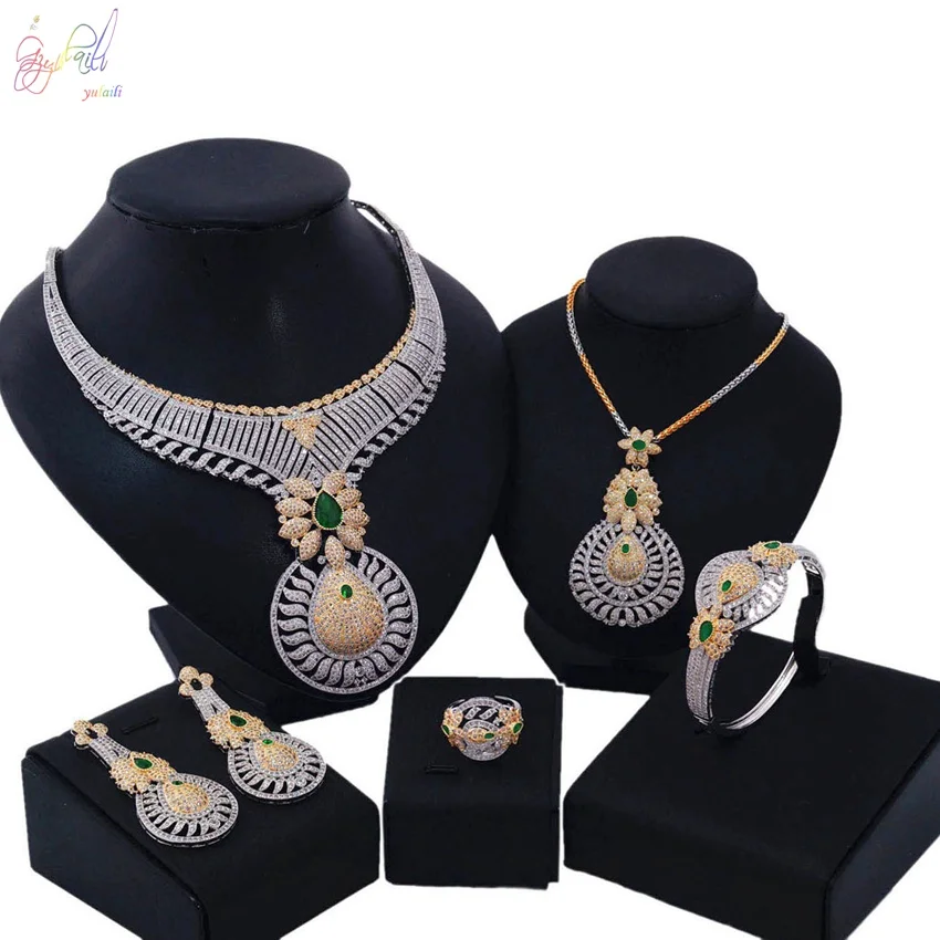 

YULAILI Wedding Jewelry Set for Women 2 Necklaces Earrings Charm Accessories Gold Silver Color Cubic Zirconia Ladies Costume