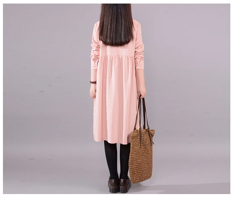 9521 Oversize Dresses Women Long Sleeve Elegant Loose Casual Dress Large Size Solid Button Vintage Cotton Linen Dress Vestidos Mujer 6