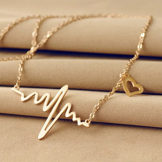 Hot Simple Wave Heart Necklace Chic ECG Heartbeat Gold Plated Pendant Charm Lightning Chocker Necklace for Women Vintage Jewelry