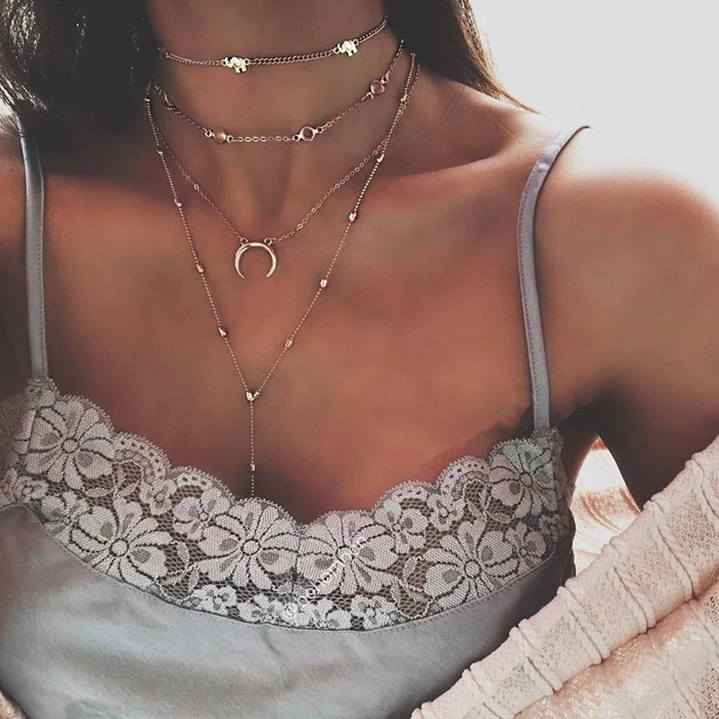 

Exquisite Elephant Moon Pendant Bead Chain Multilayer Silver Long Necklace Women Temperament Beach Jewelry Female Necklace Set