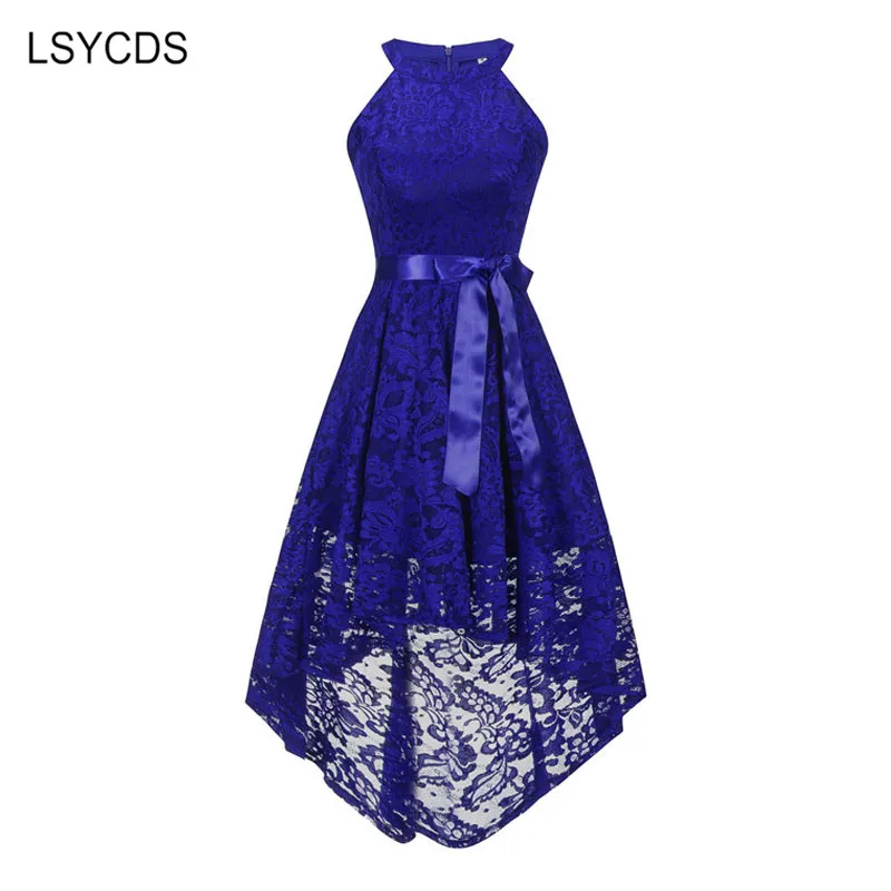 

LSYCDS Vintage Dress Women Halter Neck Sleeveless High Low Hem Elegant Lace Dress Casual Party Retro 50s Lace Blue Summer Dress