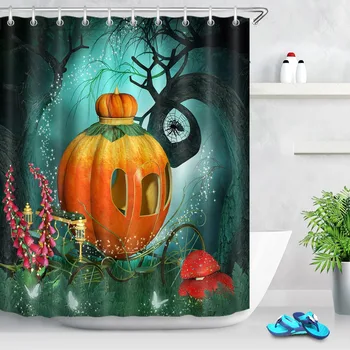 

LB Magical Dreamy Halloween Pumpkin Carriage And Creepy Trees Shower Curtain Waterproof Bathroom Fabric For Kids Bathtub Decor