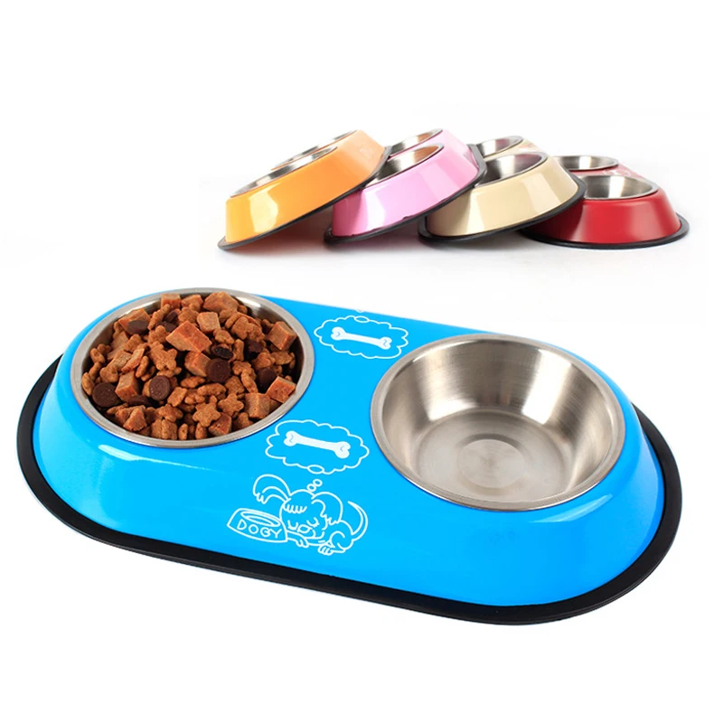 Cute Double Dog Cat Puppy Food Bowl Puppy Travel Feeding Feeder Water