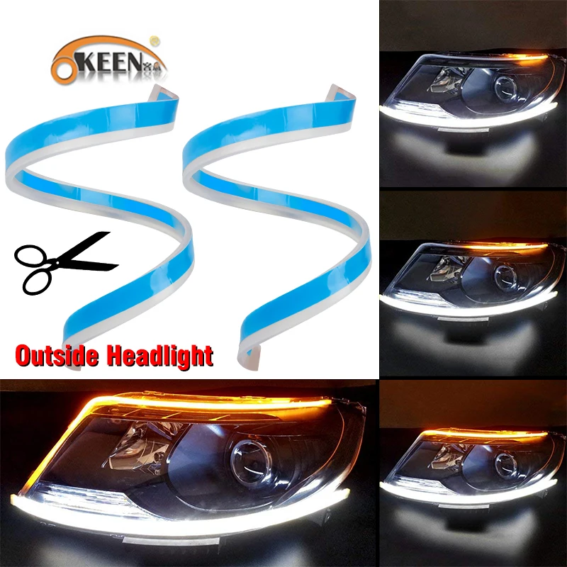 

OKEEN 2x60cm Car Slim Flexible Daytime Running Lights 12V Turn Signal DRL Running Light Yellow Flowing Headlight LED Strip Light