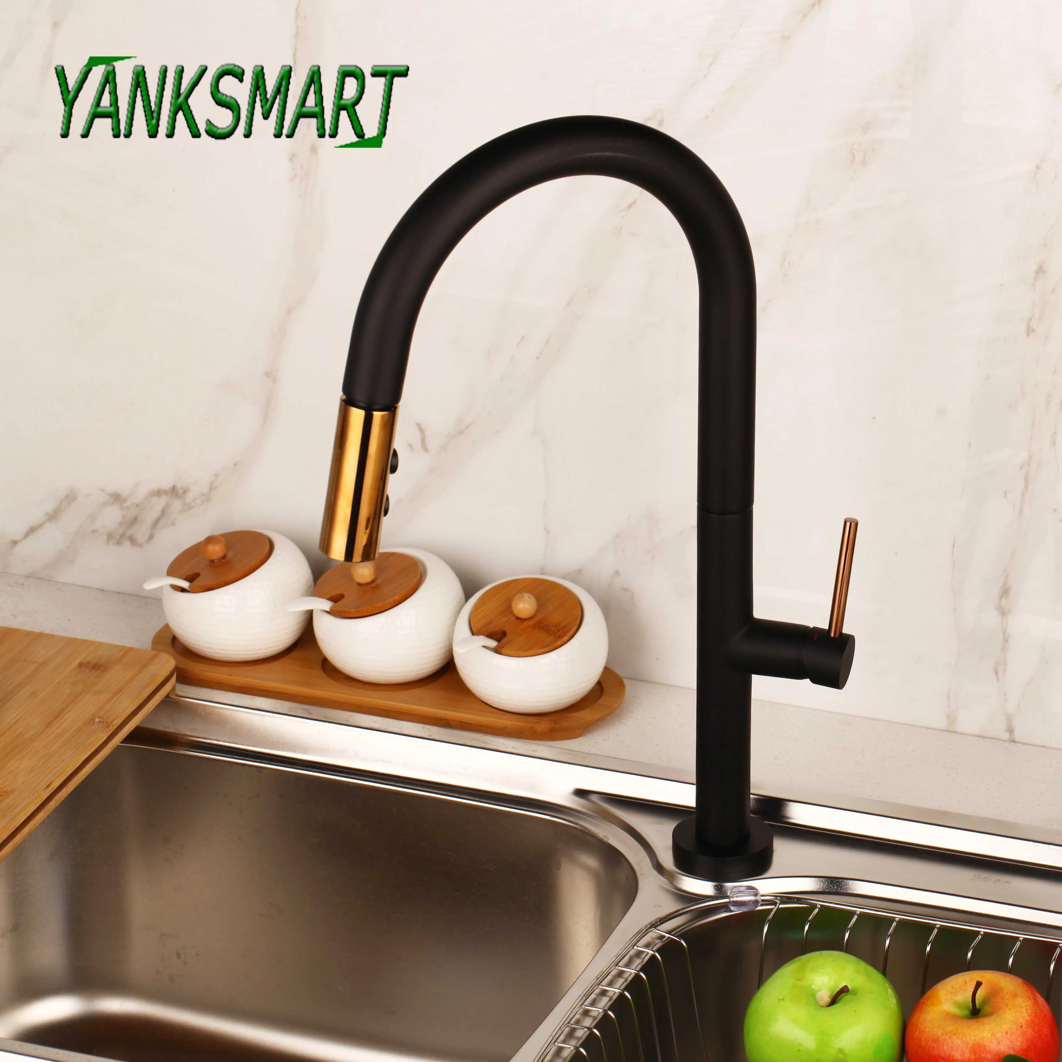 

YANKSMART Solid Brass Kitchen Basin Sink Faucet 360 Swivel Pull Out 2 Ways Spray Black Kitchen Water Mixer Taps Faucets