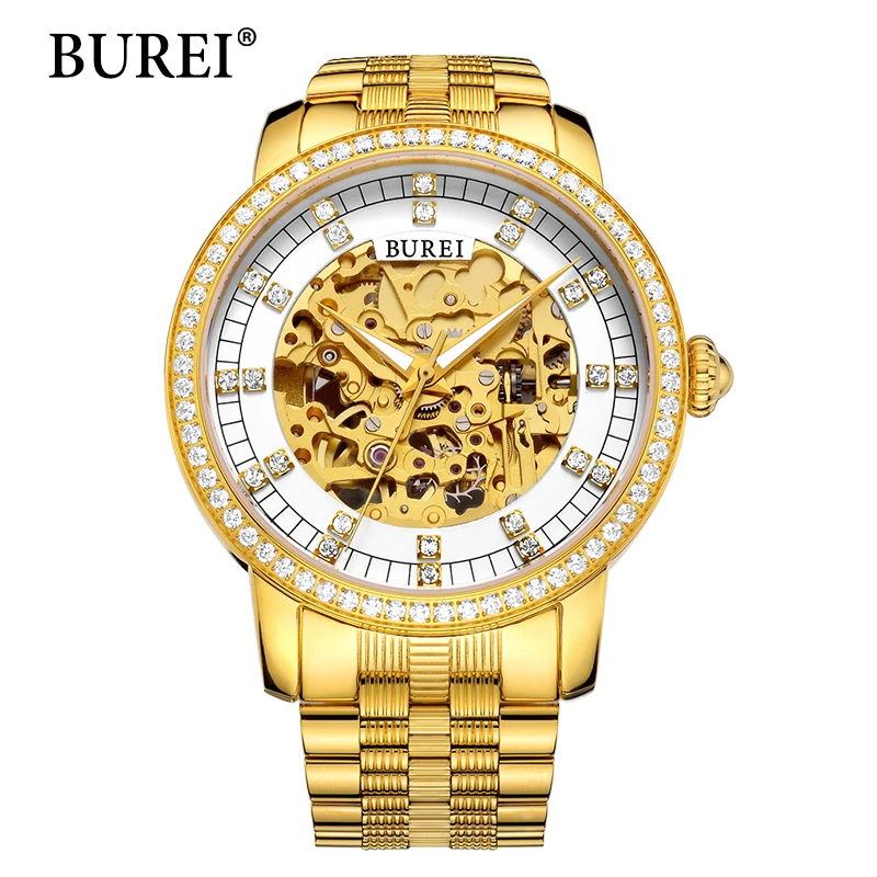 

2017 BUREI Top Brand Luxury Special Designer Bezel Gold Skeleton Mechanical Watch Men Steel Band Clock Automatic Wristwatches