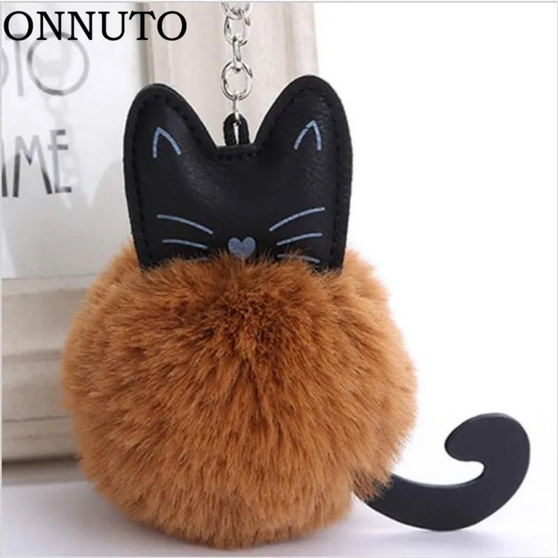 

Lovely Cartoon Cat Fluffy Fur Ball Key Chain Soft Pompom Animal Tail Artificial Rabbit Fur Key Chain Women Car Bag Key Ring