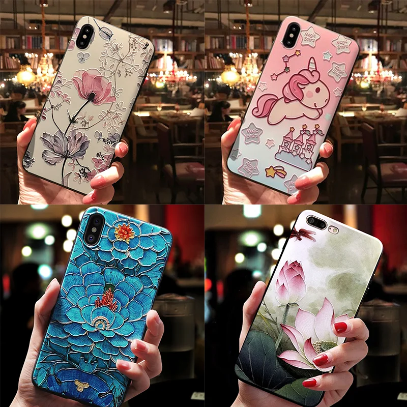 

3D Emboss Lotus Flowers Case For iPhone 7 8 6 6S Plus Soft TPU For iPhone XS X XR XS Max Fundas Unicorn For iPhone 5 5S SE Coque