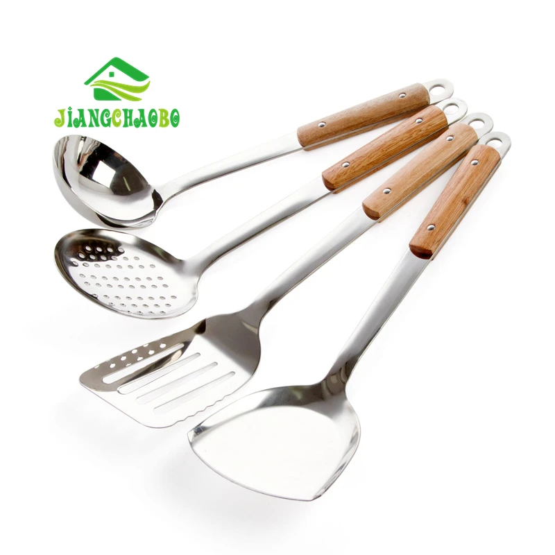 

Kitchen Utensils Wooden Handle Spatula Colander Spoon Household Long Handle Stainless Steel Kitchenware Spoon Cooking Shovel