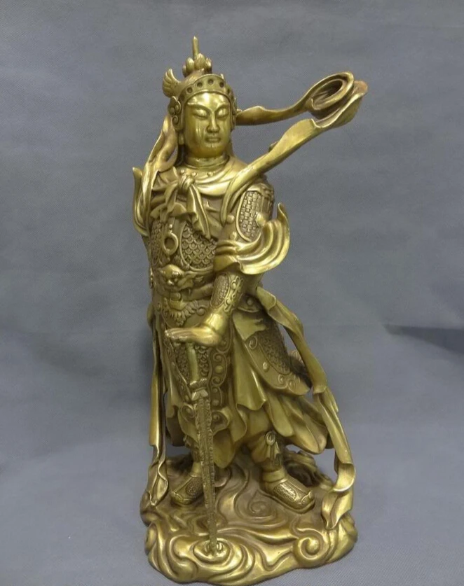 

USPS to USA S1306 18" China Pure Brass FengShui Warrior Lion Head Guard Wei Tuo Skanda God Statue B0401