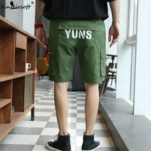 S-3XL Cotton Straight Stretch Cargo Shorts Men Drawstring Waist Letter Print Shorts Male Side Big Pockets Summer Trousers New