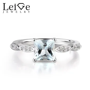 

Leige Jewelry Natural Aquamarine March Birthstone Rings Square Cut Anniversary Fine Gem Romantic Gifts 925 Sterling Silver