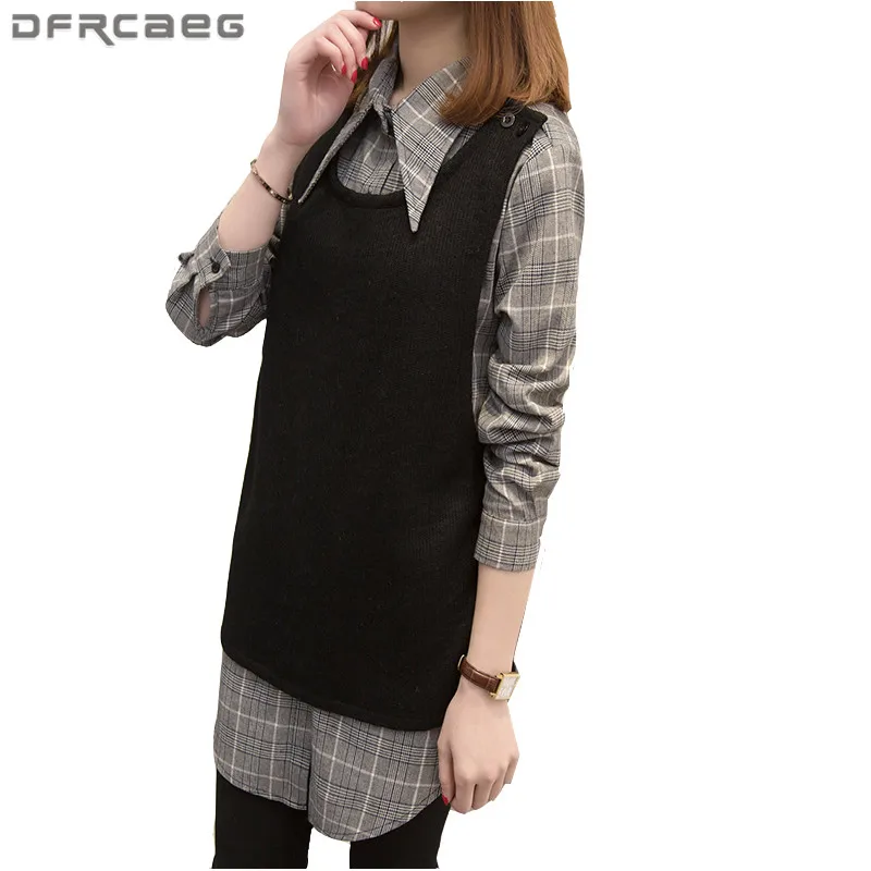 

XL-5XL Gray Plaid Plus Size Tops Women 2018 Spring False Two Piece Patchwork Long Sleeve Shirts Fashion Ladies Blouses