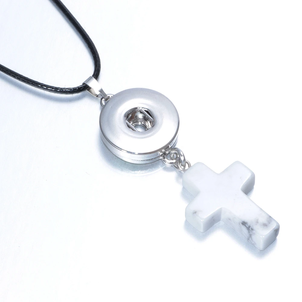 White Color Natural Stone Cross Shape 18mm Snap Button Jewelry Pendant