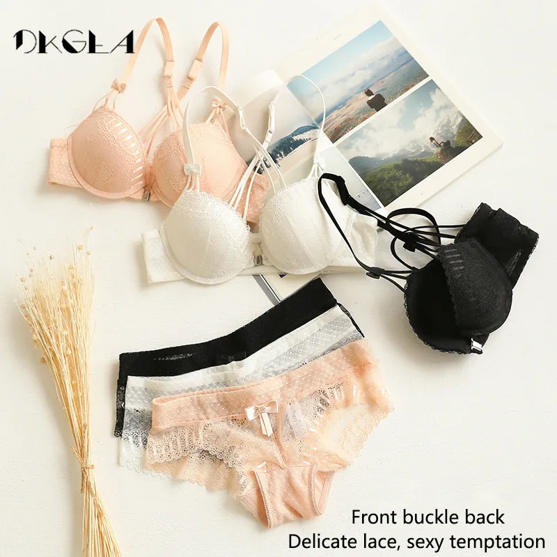 Best New Arrivals Front Closure Bras Lace Embroidery Gathering Underwear Set Women Sexy VS Lingerie Black Thick Push Up Bra Set