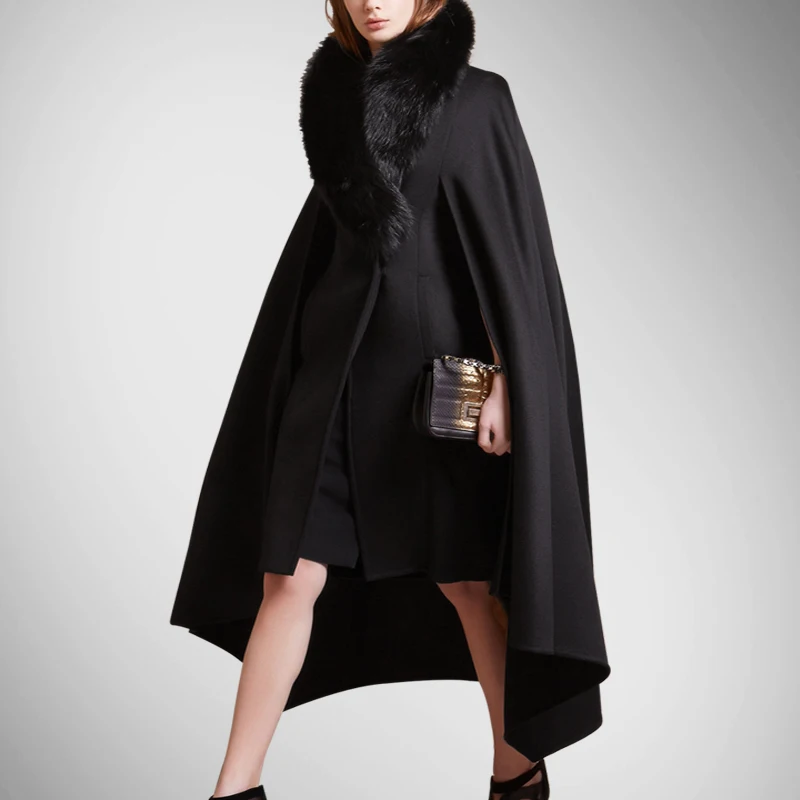 

Rushed Direct Selling Pockets Solid Wool Coats Bayan Kaban Fashion High-end Cloak In The Long Fox Fur Collar Double Coat