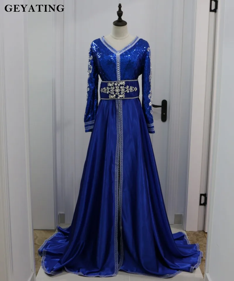 2018 Arabic Kaftan Royal Blue Dubai Evening Dress Long Sleeves V Neck ...