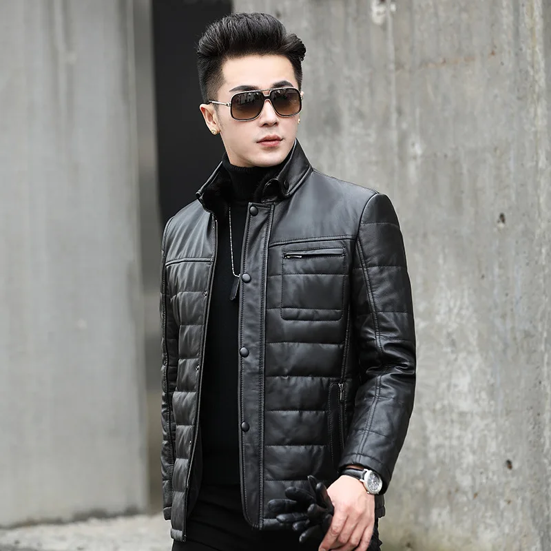 Leather Jacket Men Slim Real Leather Jackets Winter Genuine Cow Leather Men's Duck Down Coat Jaqueta De Couro NR42 YY514