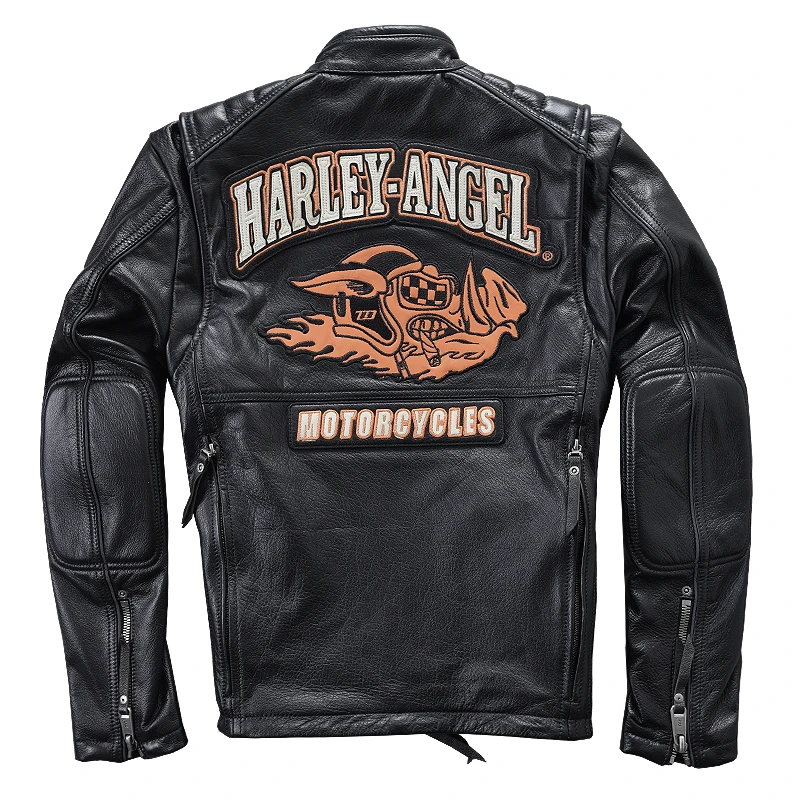 

HARLEY DAMSON Black Real Biker's Leather Jacket Men Diagonal Zipper Slim Fit Thick Cowhide Winter Motorcycle Leather Coat
