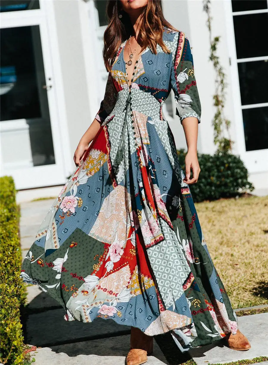 Gladiolus 2019 Spring Summer Dress Women 34 Sleeve V Neck Sexy Floral Print Bohemian Women Maxi Dress Long Beach Ladies Dresses (78)