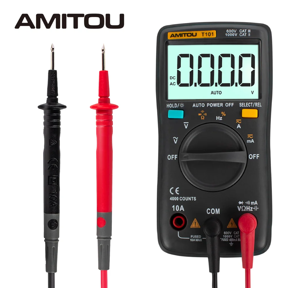 AMITOU T101 черный цифровой мультиметр Подсветка AC/DC Напряжение Ток Сопротивление