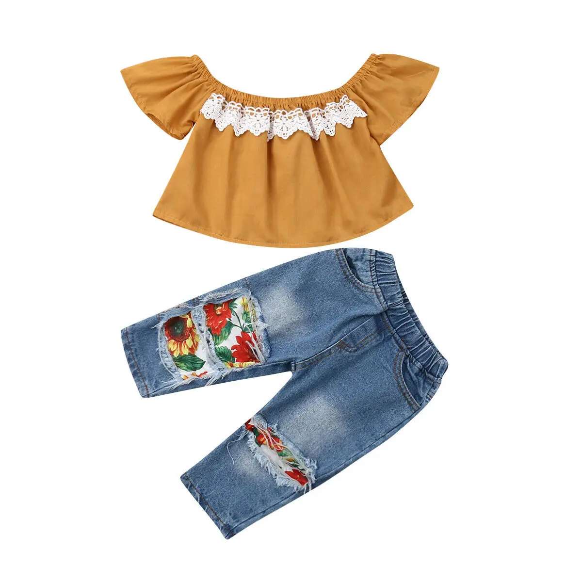  Kids 2Pcs Outfit Baby Girl Fashion Clothes Off Shoulder Shirt Tops Ripped Jeans Denim Long Pants Se