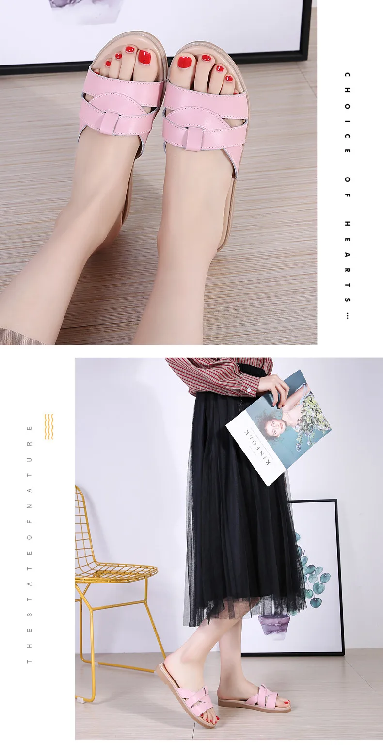 2019 Summer women slippers slip on round toe flat slides sandals women white black leather slippers flip flops slippers  (8)