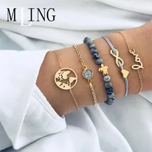 MLING 5 Pcs/Set Heart Infinite Character World Map Letter Crystal Bracelet For Women Multilayer Bracelet Female Party Jewelry classic heart letter a bracelet for women