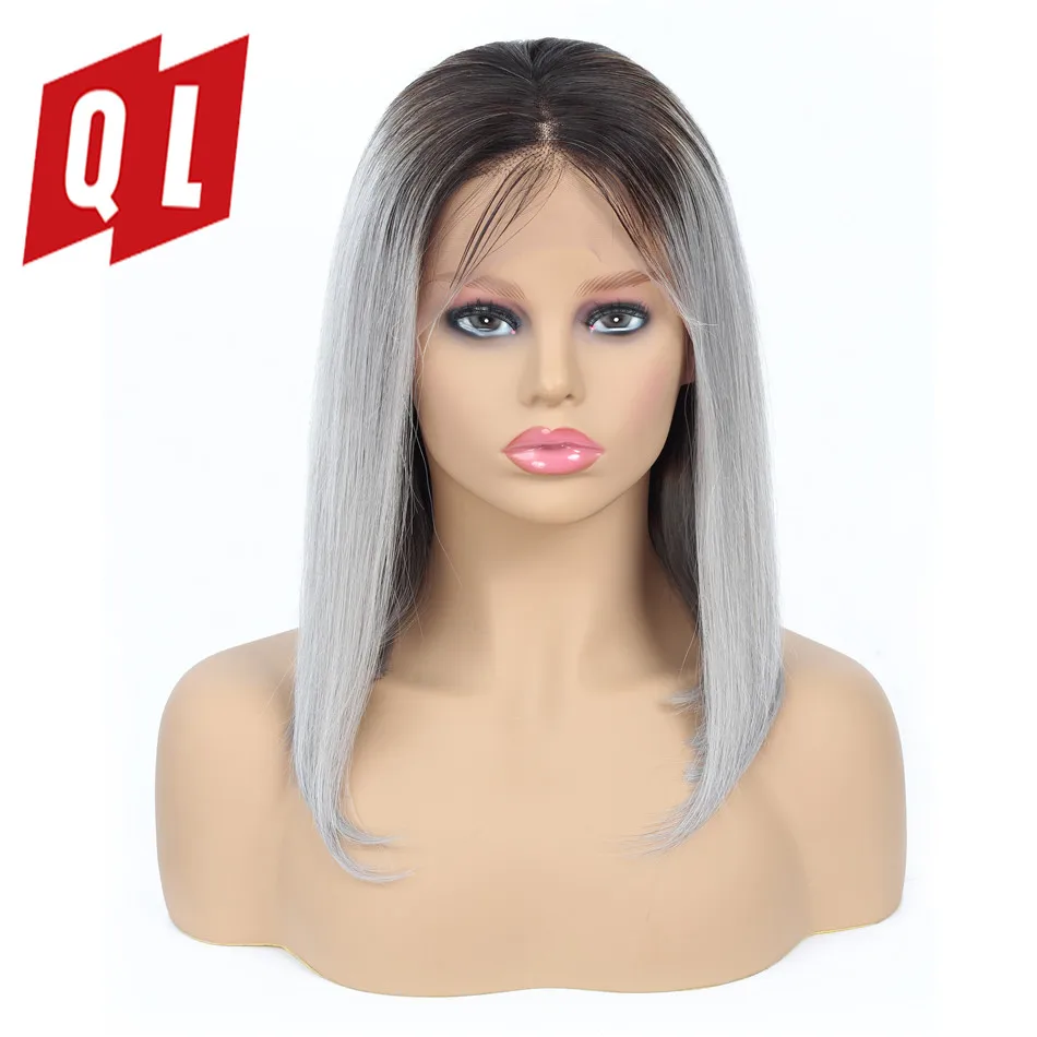 QLOVE 13*4 парик Боб Омбре кружева передние человеческие волосы парики 1b серый
