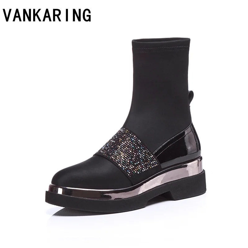 

VANKARING british style women chelsea ankle boots stretch fabric patent leather short autumn shoes fashion wedges platform boots