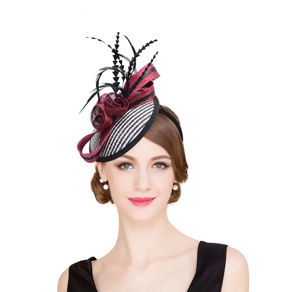 

Women Sinamay Fascinator Hats Black Feather Bow Kentucky Derby Wedding Cocktail Church Sinamay Headbands Women Headwear T221