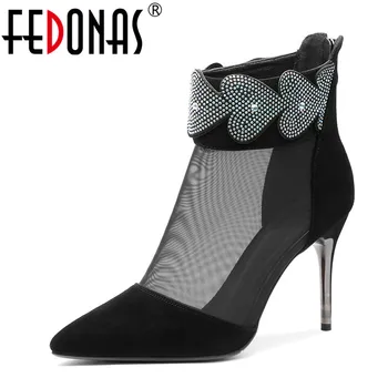 

FEDONAS 2021 Summer New Pointed Toe High Heels Mesh SheepSkin Zipper Women Ankle Boots Night Club Shoes Woman Prom Party Shoes