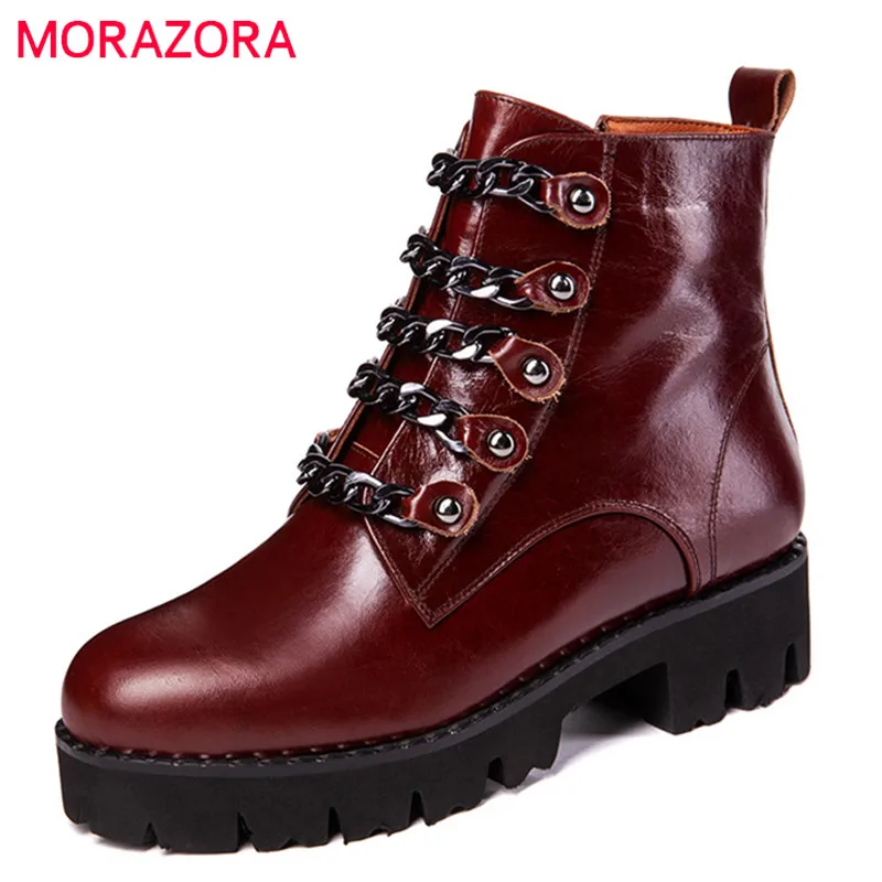 

MORAZORA 2020 hot sale genuine leather ankle boots for women round toe autumn winter boots punk square heels platform shoes