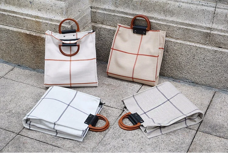 MJ Women Plaid Canvas Tote Casual Beach Bags Big Capacity Women Shopping Bag Daily Use Canvas Handbag Cotton Linen Shoulder Bag (1)