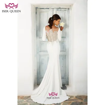

Long Sleeves Embroidered Lace Satin Mermaid Wedding Gowns Sheath Spanish Pure White Vestido 2020 Wedding Dress w0540