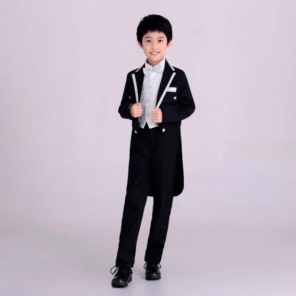 5 шт., деловой костюм для маленьких мальчиков Детский Свадебный костюм с длинным хвостом и жилетом черный цвет, размеры от 2 до 12 лет
