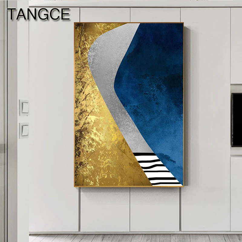 Abstract Blue Golden Color Blocks Canvas Painting Fashion Wall Art Picture Poster Print for Living Room Aisle Interior Designer Abstract Blue Golden Color Blocks Canvas Painting Fashion Wall Art Picture Poster Print for Living Room Aisle Interior Designer