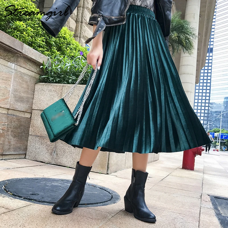 Green Long Pleated Skirt Winter Skirts Womens Vintage Blue Velvet Skirt