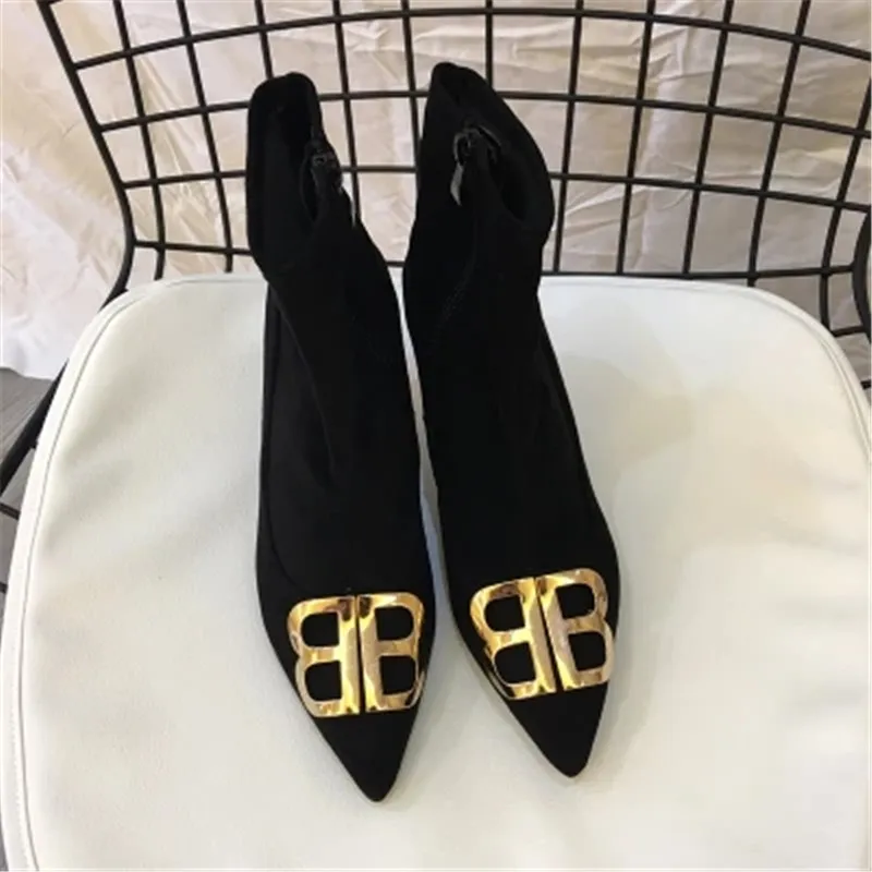 

Booties female 2018 autumn and winter new metal double bb letter pointed shoes black suede Martin boots stiletto short ankle boo