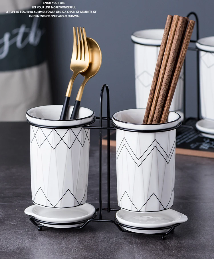 

Geometric Lines Design Ceramic Spoon Fork Knife Chopsticks Draining Holder Kitchen Organizer Do Not Including Dinnerware