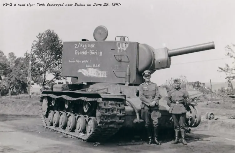 KV-2-a-road-sign.-Tank-destroyed-near-Dubno-on-June-29,-1941.