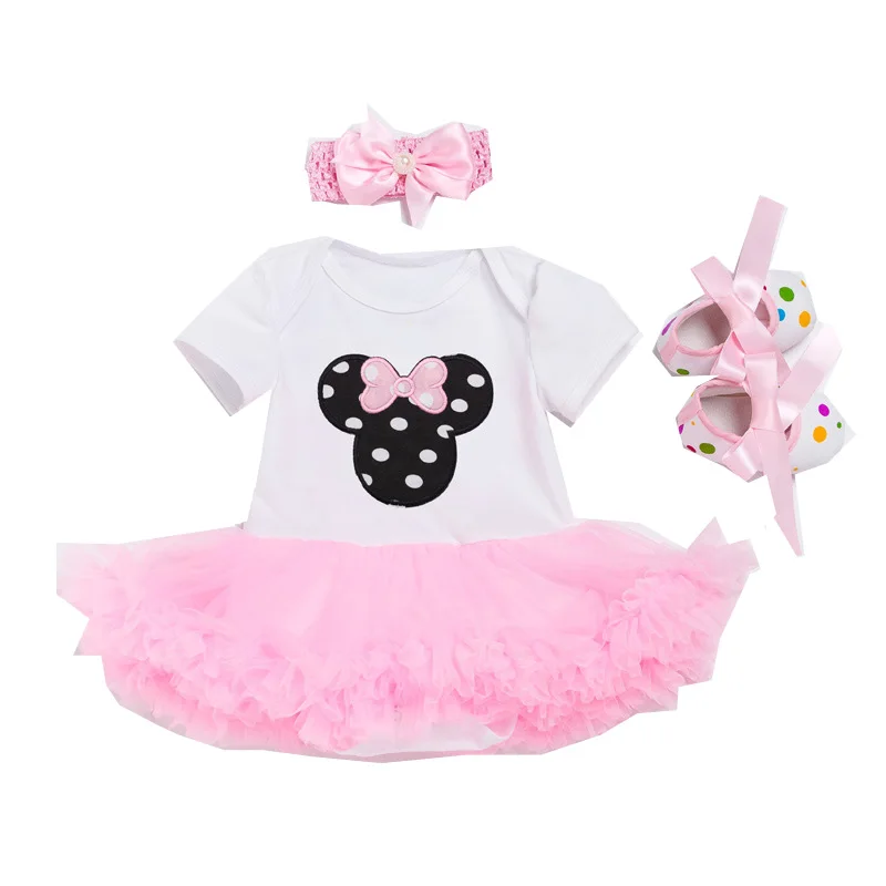 Baby Girl Dress 3PCssets Birthday Costume Romper Newborn Clothing Mickey Minnie Dress Bebe Infant Outfits with Headband Shoes