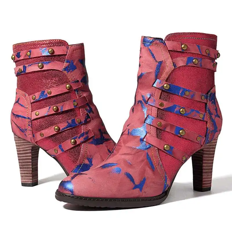 Socofy/Модные женские ботильоны на высоком каблуке с заклепками; женские зимние ботинки из натуральной кожи с острым носком на молнии; Mujer