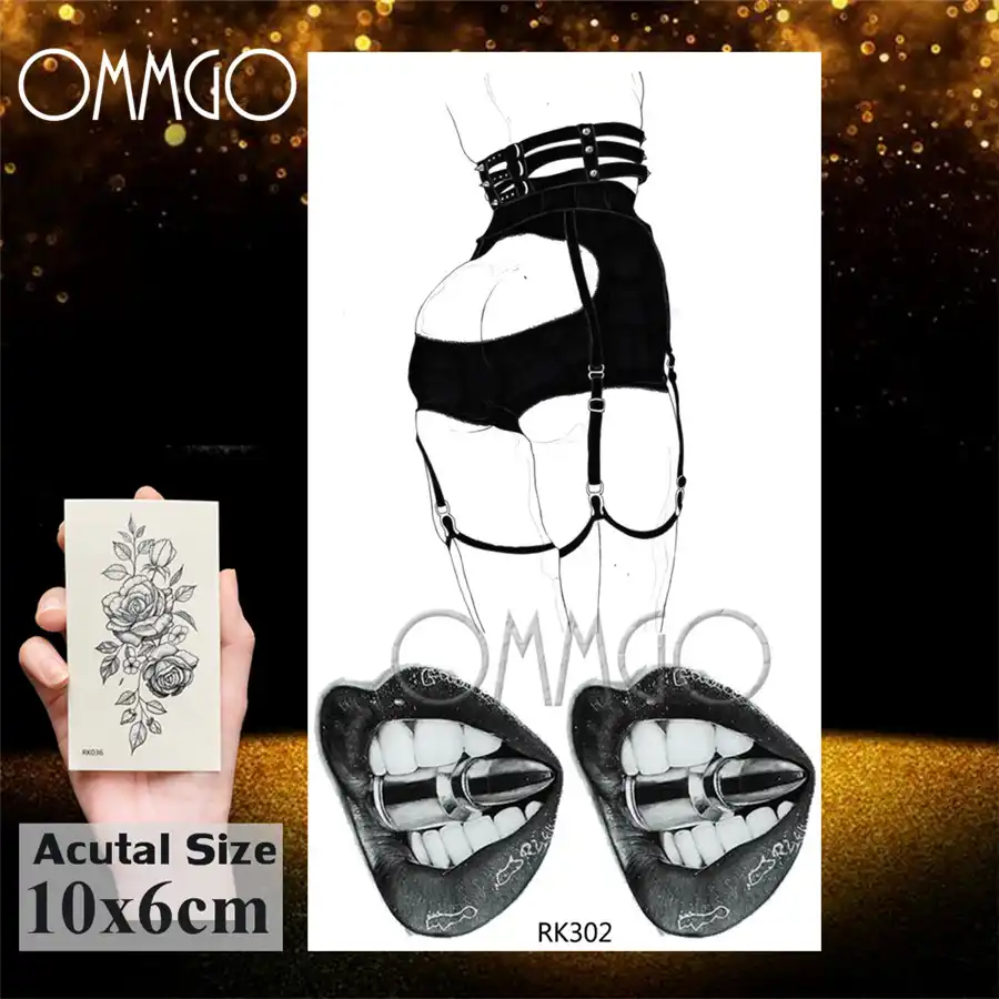Ommgo Sexy Fille Nue Tatouages Temporaires Chauds Femmes Autocollant Noir Dessin Faux Tatouage Personnalisé Tatoos Lèvres Corps Art Bras Minimaliste
