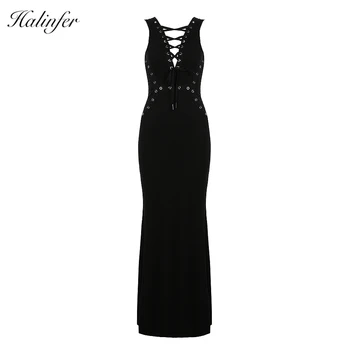 

Halinfer 2018 New summer women dress sexy bodycon v neck lace up dress elegant celebrity party black dresses vestidos wholesale