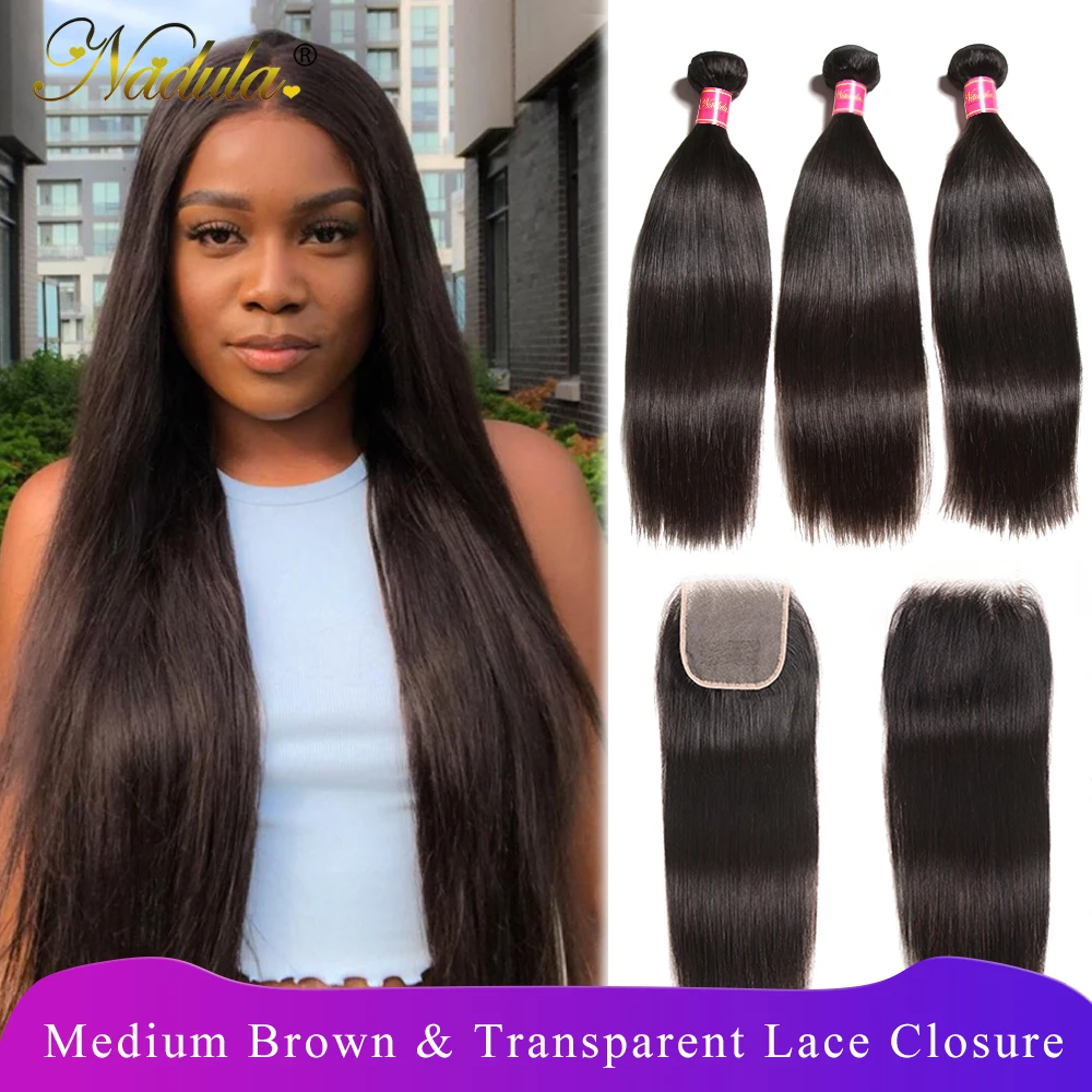 

Nadula Straight Hair Bundles With 4*4 Transparent Lace/Medium Brown Closure Peruvian Remy Human Hair Weave Bundles With Closure